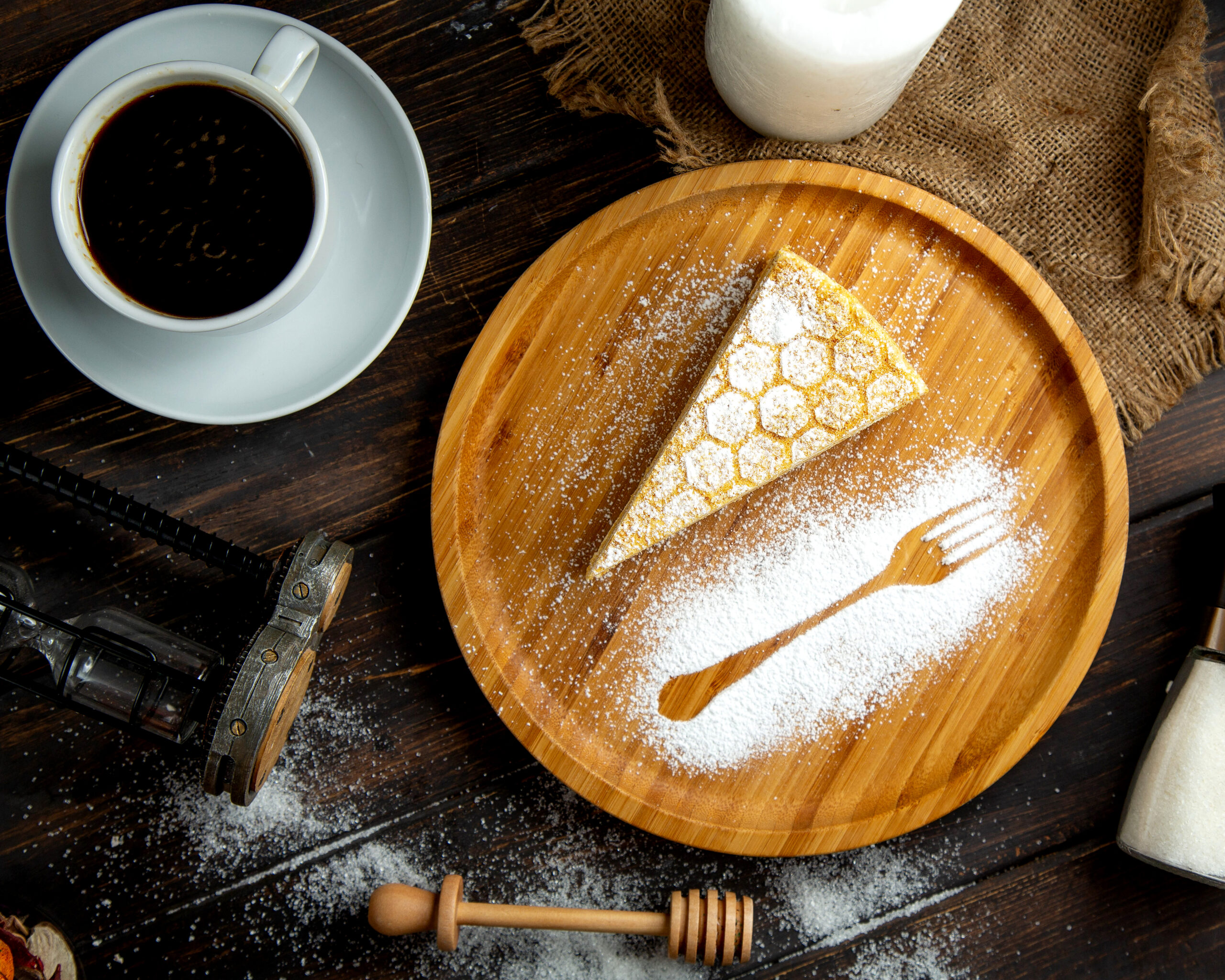 honey cake with espresso on the table